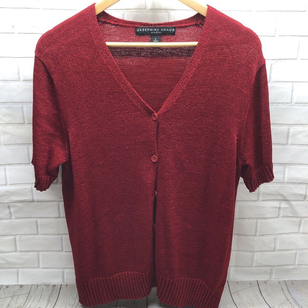 Josephine Chaus Studio Women's Sweater Large Button Up V-Neck Red Short Sleeve